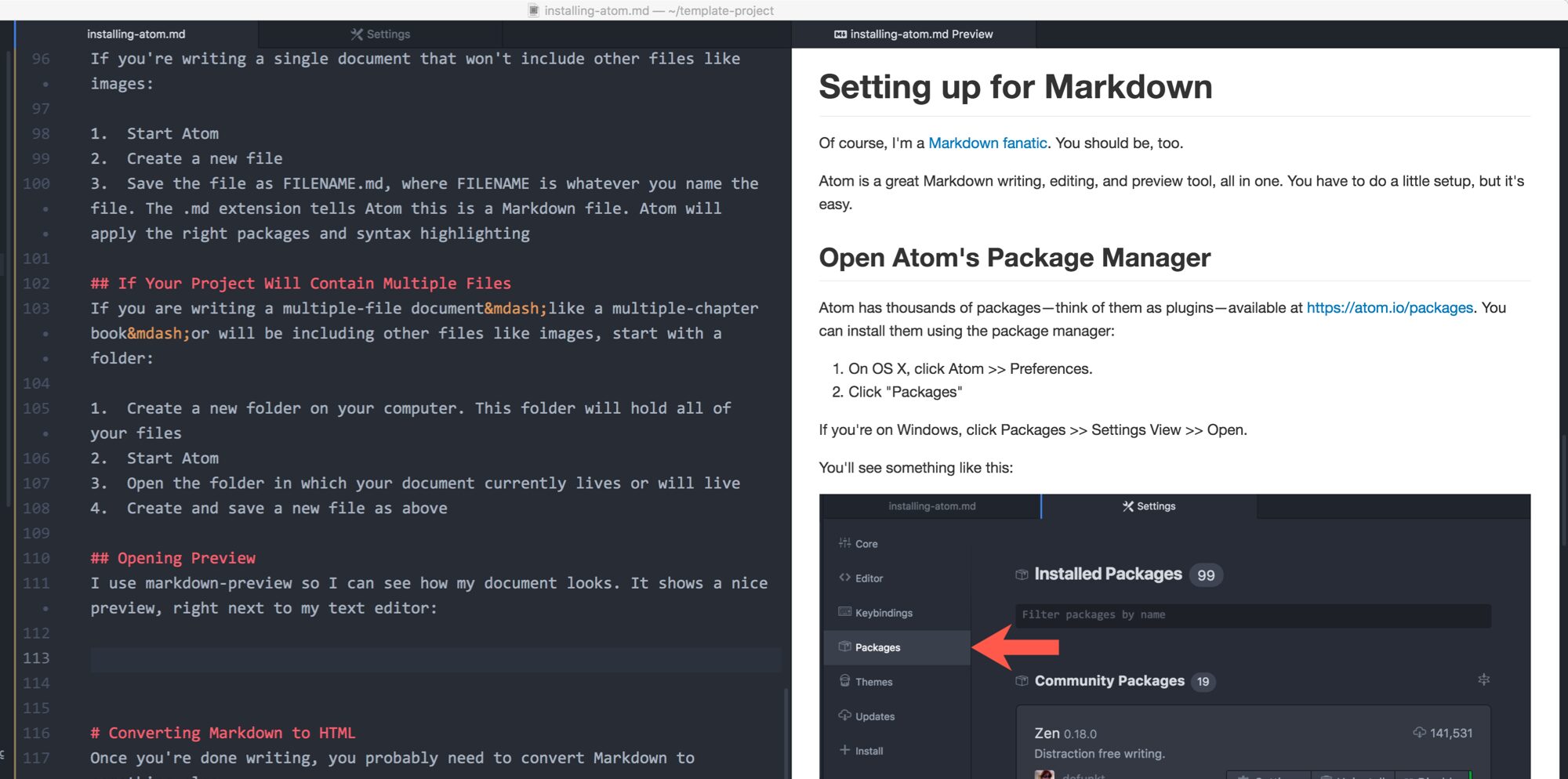 Click packages. Markdown файлы. Atom Markdown. Markdown картинка. Вставка картинки в Markdown.