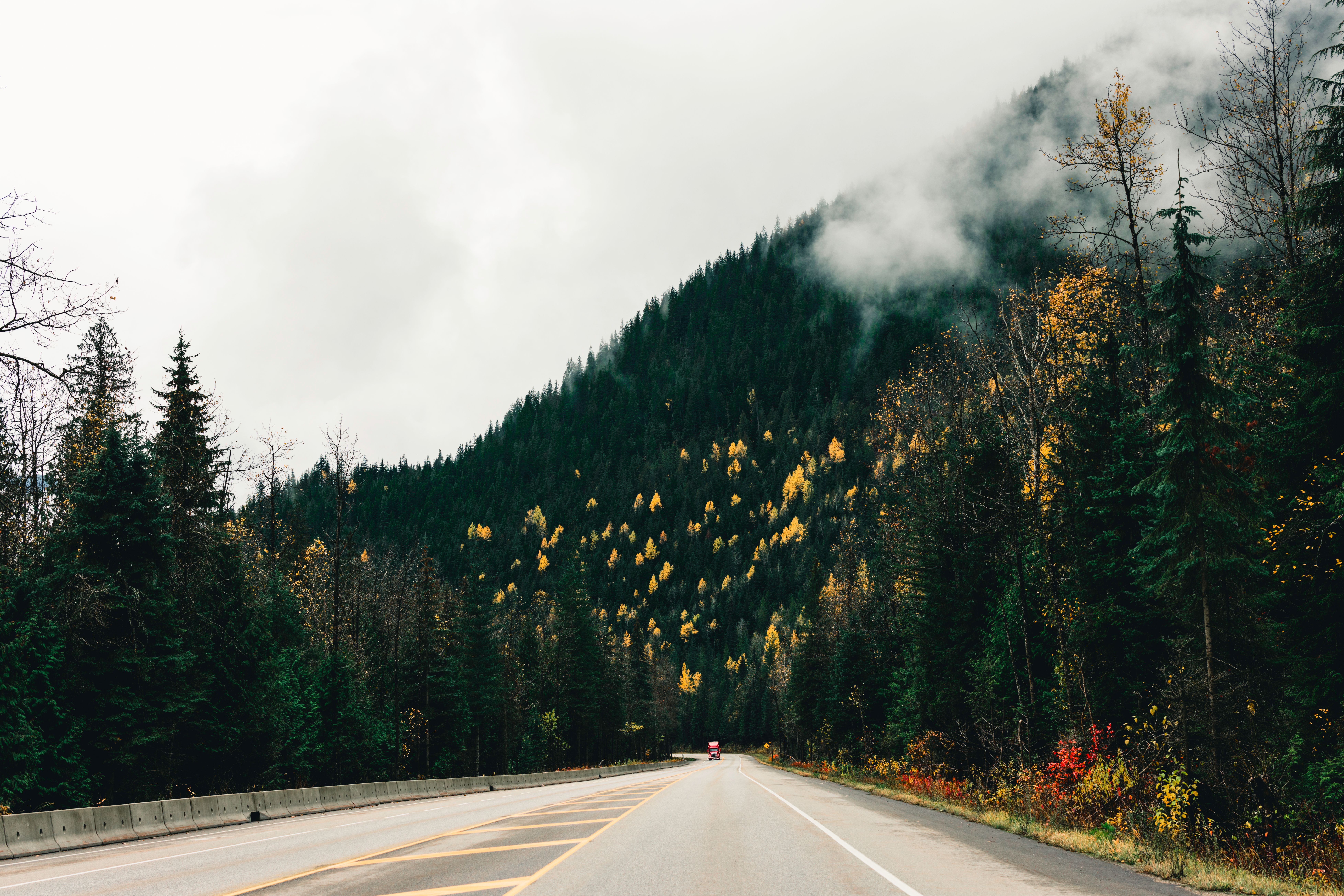 Mountain highway through misty fall forests in British Columbia, Canada