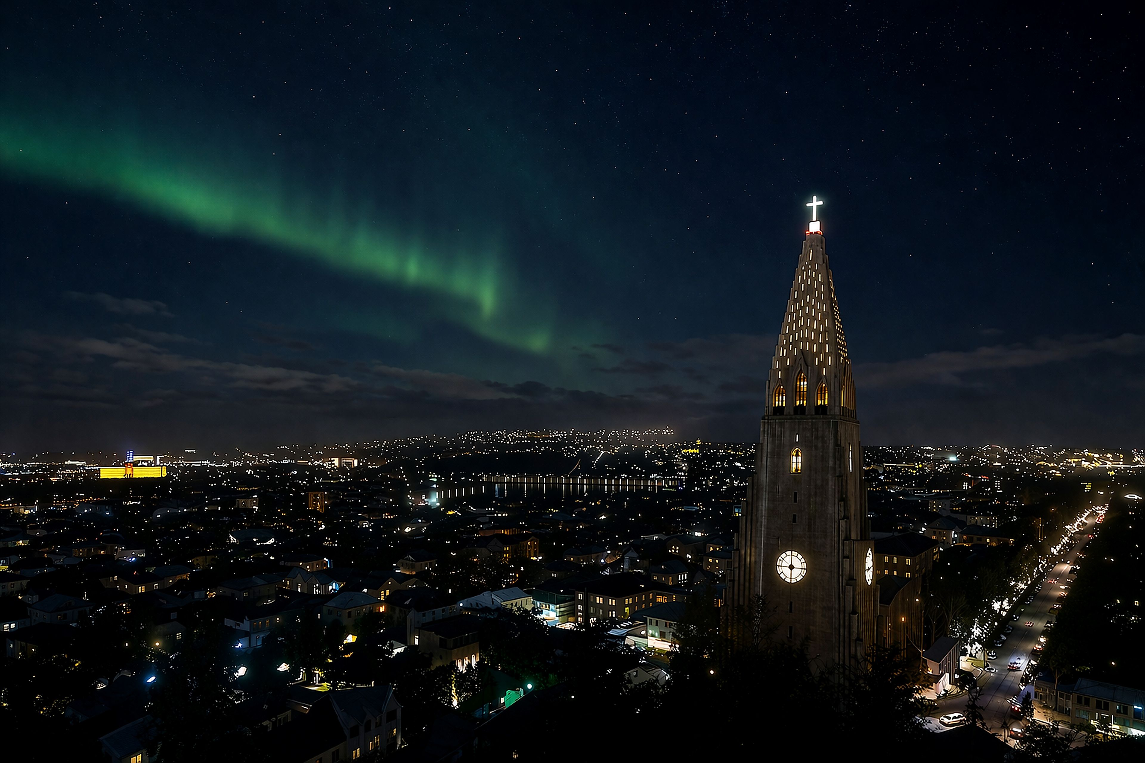Northern lights glowing over Hallgrimskirkja church in Reykjavik, Iceland on New Year's Eve